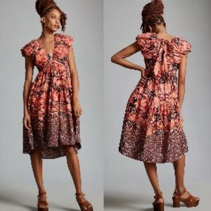 Anthropologie Floral Bow MIDI Dress Size 10